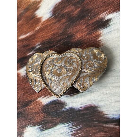 Montana Silversmiths Accessories - Vintage Triple Heart Sterling Silver Plate Montana Silversmiths Belt Buckle
